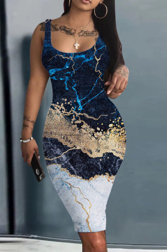 Tibetan Blue Casual Print Basic U Neck Vest Dress Dresses