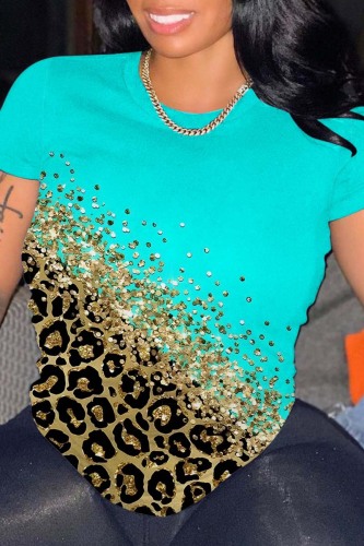 Cyan Casual Print Basic O Neck T-Shirts