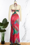 Colour Sexy Print Hollowed Out Backless Spaghetti Strap Long Dress Dresses