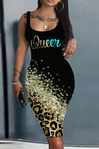 Black Casual Print Basic U Neck Vest Dress Dresses