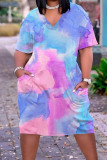 Purplish Blue Casual Print Tie Dye Patchwork V Neck Short Sleeve Dress Plus Size Dresses