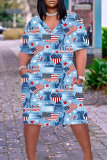 Light Blue Casual Flag Stars Print V Neck Short Sleeve Plus Size African Style Loose Straight Midi Dress