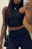 Black Sexy Casual Striped See-through Half A Turtleneck Sleeveless Two Pieces