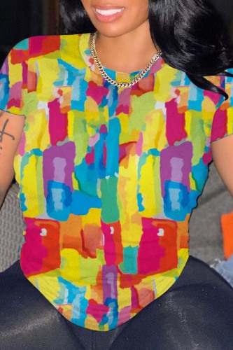 Yellow Casual Print Basic O Neck T-Shirts
