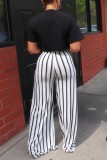 White Casual Striped Print Patchwork Regular High Waist Conventional Full Print Trousers