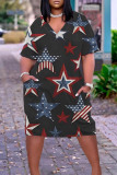 Black Gray Casual Flag Stars Print V Neck Short Sleeve Plus Size African Style Loose Straight Midi Dress