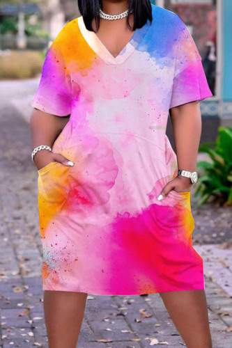 Pink Purple Casual Print Tie Dye Patchwork V Neck Short Sleeve Dress Plus Size Dresses
