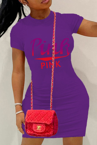 Purple Casual Street Print Patchwork O Neck Pencil Skirt Dresses