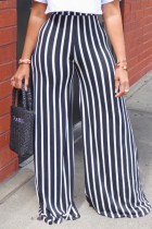 Black Casual Striped Print Patchwork Regular High Waist Conventional Full Print Trousers