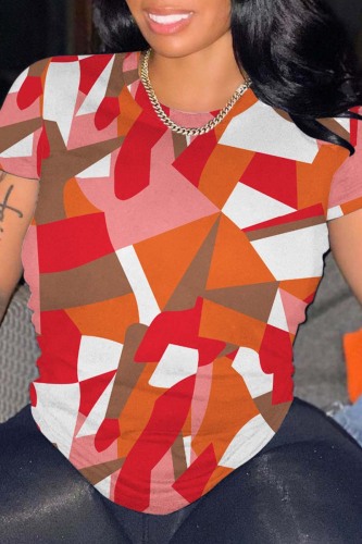 Orange Casual Print Basic O Neck T-Shirts