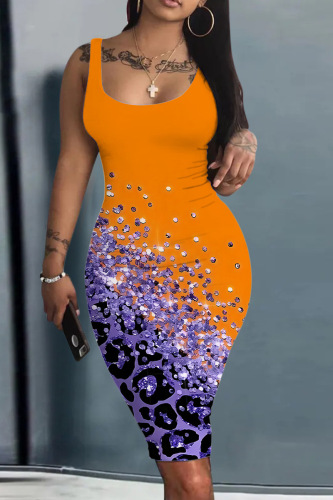 Orange Casual Print Basic U Neck Vest Dress Dresses