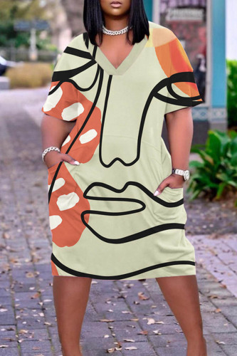 Light Green Casual Print Patchwork Basic V Neck Short Sleeve Dress Plus Size Dresses