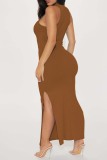 Brown Sexy Casual Solid Slit Half A Turtleneck Long Dress Dresses