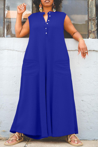 Blue Casual Solid Patchwork V Neck Regular Jumpsuits