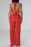 Red Sexy Casual Solid Bandage Backless Slit Halter Sleeveless Two Pieces