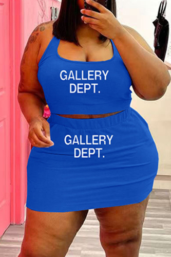 Blue Sexy Casual Letter Print Basic U Neck Sleeveless Two Pieces