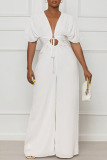 White Sexy Solid Bandage Patchwork V Neck Jumpsuits