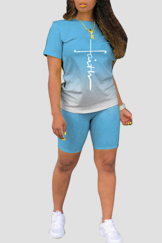 Light Blue Casual Gradual Change Print Patchwork O Neck Short Sleeve Two Pieces
