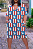 Light Blue Red Casual Flag Stars Print V Neck Short Sleeve Plus Size African Style Loose Straight Midi Dress