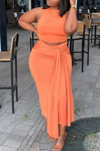 Tangerine Red Sexy Solid Bandage Patchwork O Neck Sleeveless Two Pieces