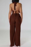 Coffee Sexy Casual Solid Bandage Backless Slit Halter Sleeveless Two Pieces