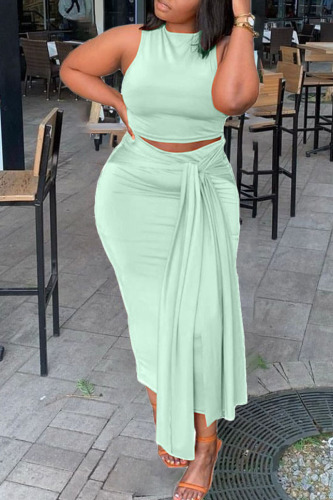 Green Sexy Solid Bandage Patchwork O Neck Sleeveless Two Pieces
