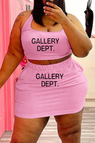 Pink Sexy Casual Letter Print Basic U Neck Sleeveless Two Pieces