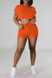 Orange Casual Solid Basic O Neck Short Sleeve Two Pieces