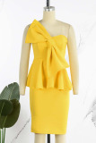 Yellow Sweet Elegant Solid Patchwork With Bow Strapless One Step Skirt Dresses