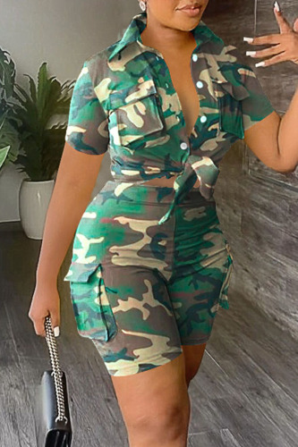 Camouflage Casual Street Print Camouflage Print Patchwork Buckle Turndown Collar Short Sleeve Two Pieces