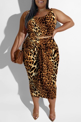 Leopard Print Casual Print Patchwork U Neck Plus Size Two Pieces