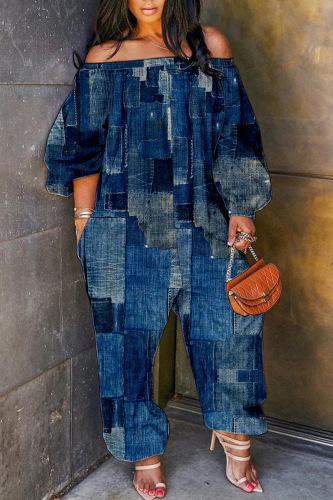 Dark Blue Casual Print Patchwork Off the Shoulder Regular Jumpsuits