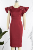 Burgundy Elegant Solid Patchwork Beading V Neck One Step Skirt Dresses