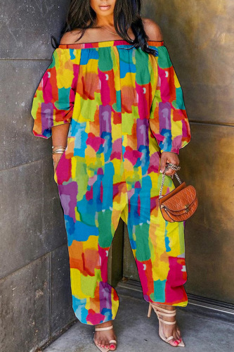 Colour Casual Print Patchwork Off the Shoulder Regular Jumpsuits