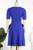 Royal Blue Casual Solid Patchwork With Bow O Neck Short Sleeve Dress