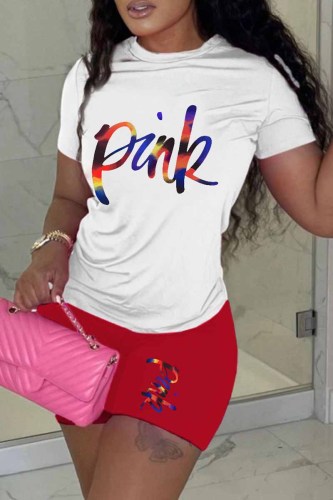 Red Casual Print Letter O Neck Short Sleeve Two Pieces