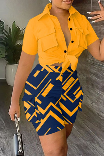 Orange Street Print Patchwork Buckle Turndown Collar Short Sleeve Two Pieces