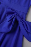 Royal Blue Casual Solid Patchwork With Bow O Neck Short Sleeve Dress