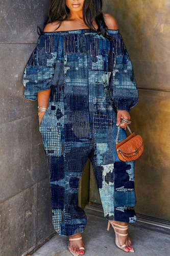 Tibetan Blue Casual Print Patchwork Off the Shoulder Regular Jumpsuits