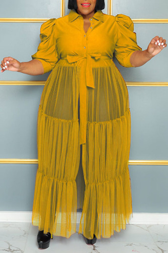 Yellow Casual Elegant Solid Patchwork Buckle Fold Turndown Collar Cake Skirt Plus Size Dresses
