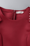 Rose Red Elegant Solid Patchwork Beading V Neck One Step Skirt Dresses