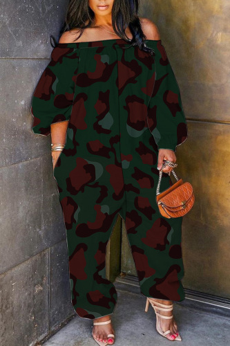 Army Green Casual Print Patchwork Off the Shoulder Regular Jumpsuits