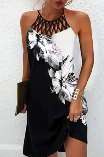 Black White Casual Print Hollowed Out O Neck Sleeveless Dress Dresses