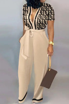 Khaki Casual Print Patchwork Buckle Turndown Collar Straight Jumpsuits