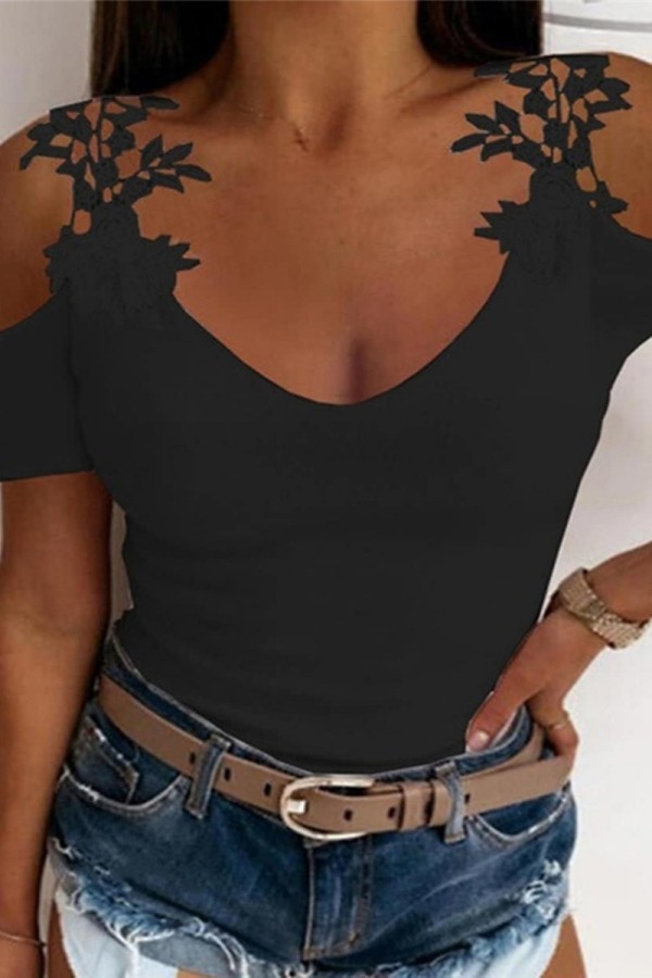 Black Casual Solid Hollowed Out V Neck T-Shirts