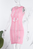 Pink Sexy Solid Hollowed Out See-through O Neck Sleeveless Dress Dresses