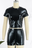 Silver Sexy Street Solid Patchwork O Neck Short Sleeve Two Pieces