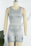 Grey Casual Sportswear Print Basic O Neck Sleeveless Two Pieces