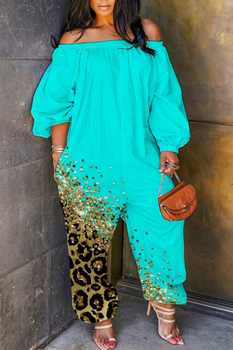 Cyan Casual Print Patchwork Off the Shoulder Regular Jumpsuits