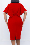 Red Work Elegant Solid Hollowed Out Patchwork O Neck One Step Skirt Dresses